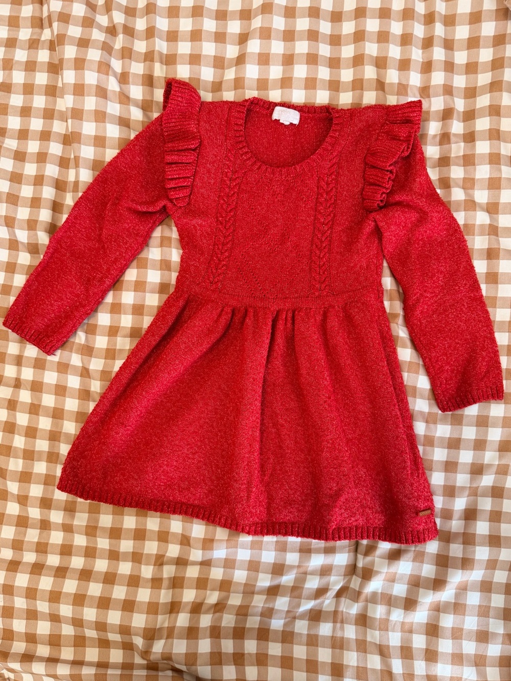 Girls' Red Knit Ruffle Shoulder Dress